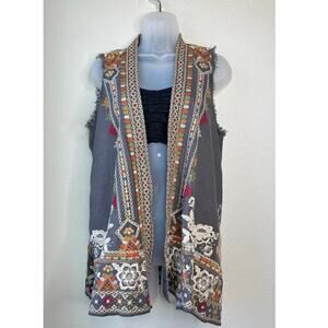 John Mark Linen Floral Embroidered Bohemian Vest Size Small